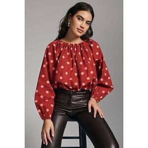 Anthropologie Maeve Red Polka Dot Poplin Bubble Blouse Women's L